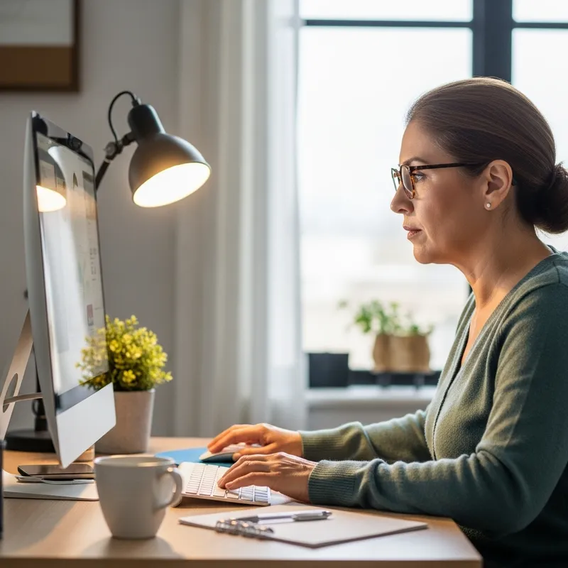 Hispanic Woman in Her 50s Working at Computer | Calm Workspace