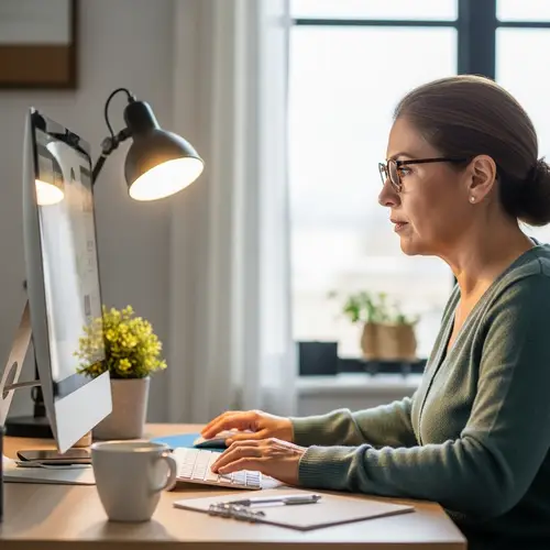 Hispanic Woman in 50s Working at Computer | Calm & Organized Workspace