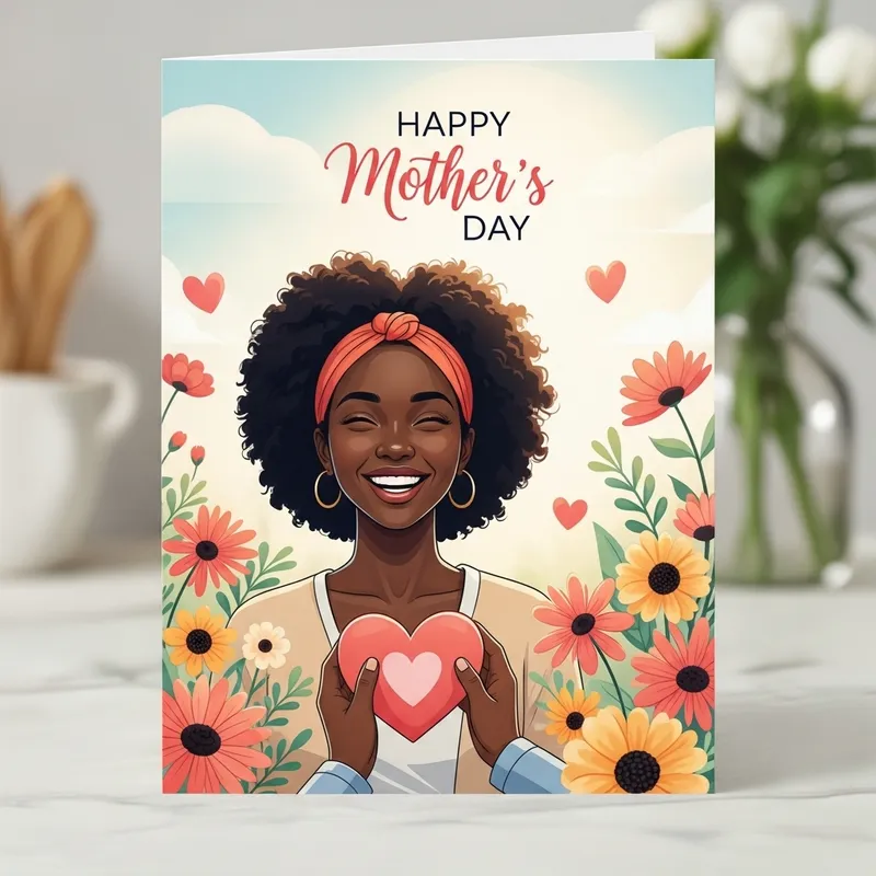 Black Mother Happy Mother's Day Card with Vibrant Flowers and a Moum