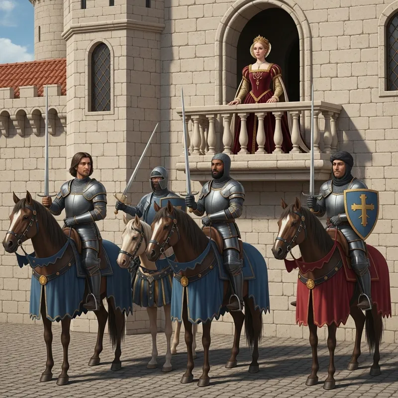 Beautiful Renaissance Painting of Queen, Knights and Castle