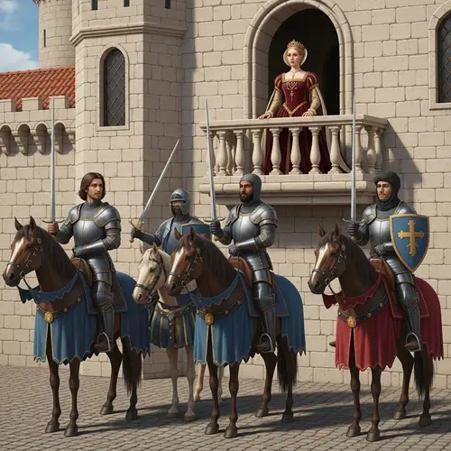Renaissance Painting of Queen and Knights in Castle Scene
