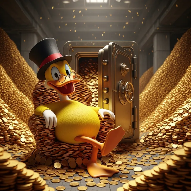 Smiling Donald Duck Surrounded by Coins and Safe in Distance