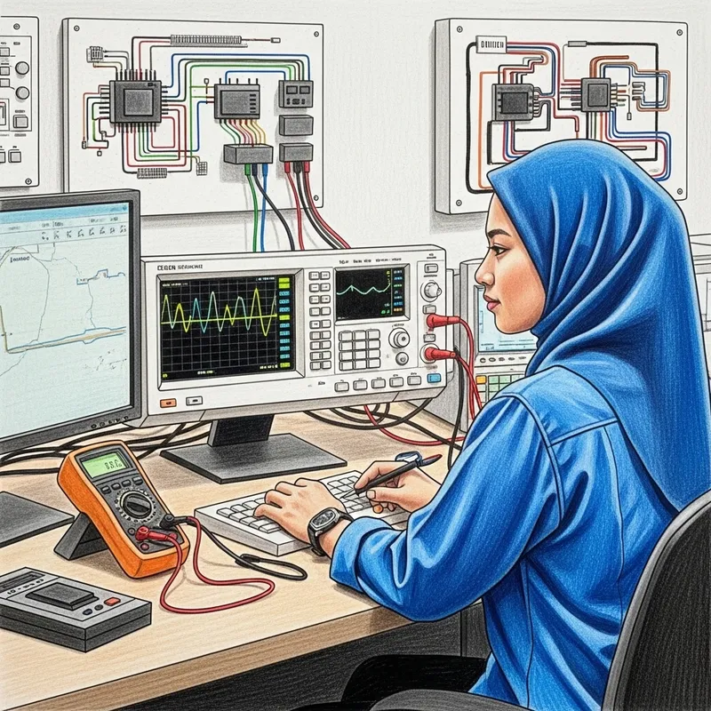 Colorful Drawing of Woman in Electrical Engineering Environment Colorful Drawing of Woman in Electrical Engineering Environment