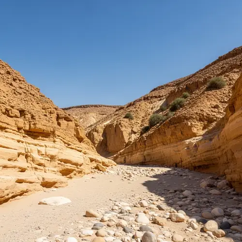 Dry Desert Wadi Ravine - Sand Colored Walls Against Blue Sky