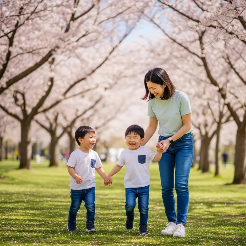 Asian Twin Boys with Mother at Cherry Blossom Park | Quality Family Moment Asian Twin Boys with Mother at Cherry Blossom Park | Quality Family Moment