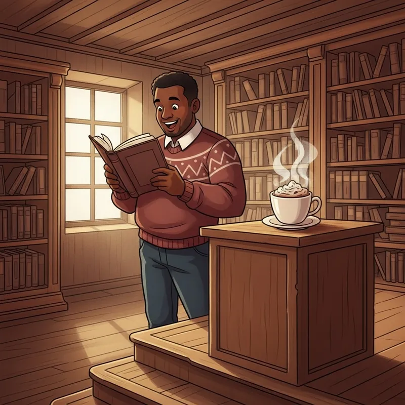 Enthusiastic Man Reading Book in Cozy Library with Cocoa Enthusiastic Man Reading Book in Cozy Library with Cocoa
