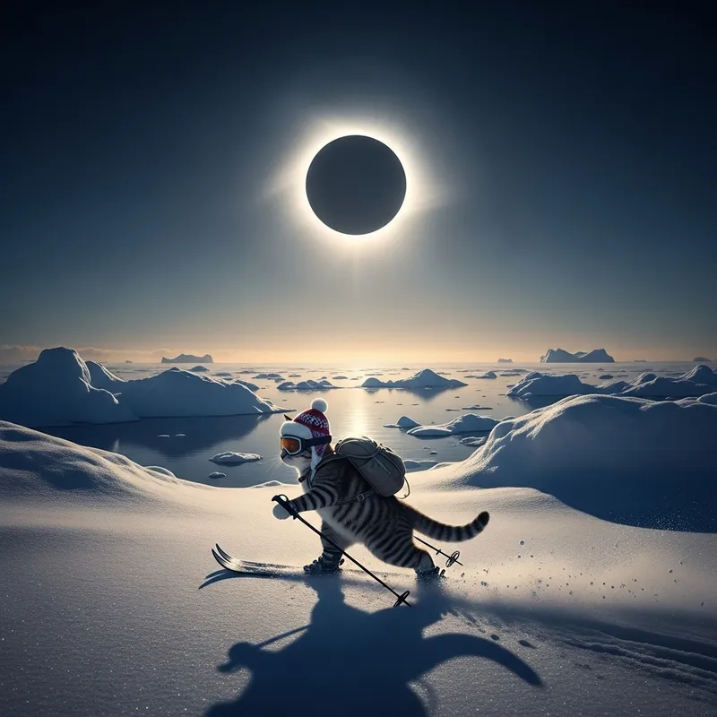 Skiing Cat Observes Solar Eclipse at North Pole