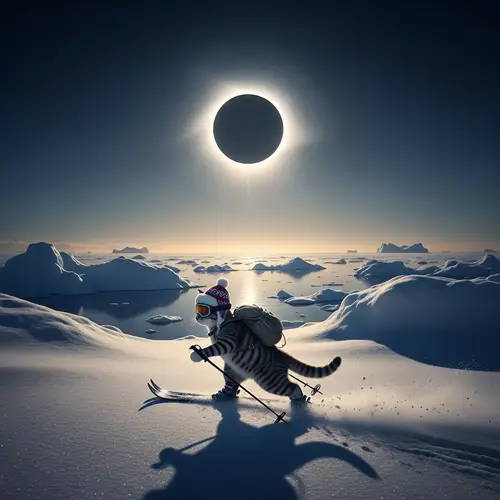 Skiing Cat Observes Solar Eclipse at North Pole