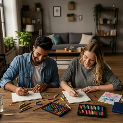 Peaceful Drawing Activity by Diverse Couple at Rustic Table