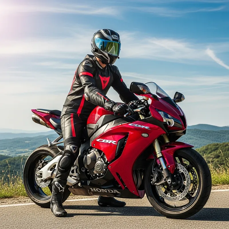 Individual on Honda R1 Motorcycle | Racing Helmet and Scenic Landscape