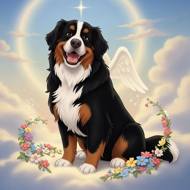 Whimsical Elderly Female Bernese Dog with Angelic Wings on a Magical Cloud