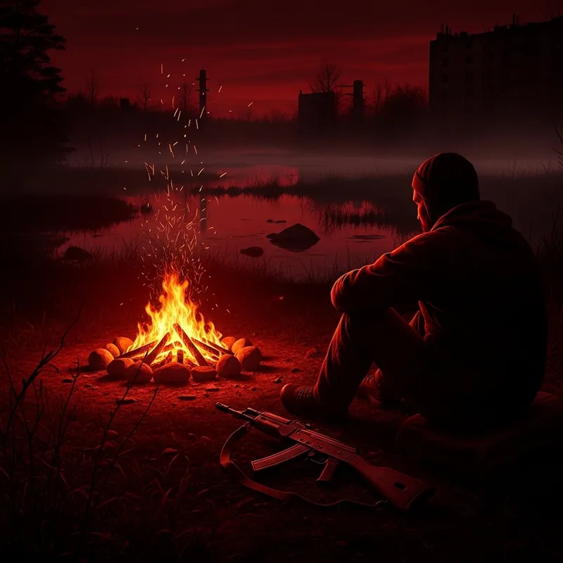 Chernobyl Stalker by Bonfire Near Swamp with Rifle | Dark Red Ambient