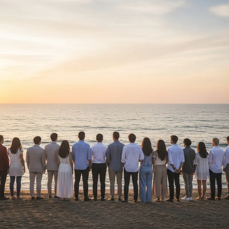 Tranquil Beach Sunset with Group of 20 People