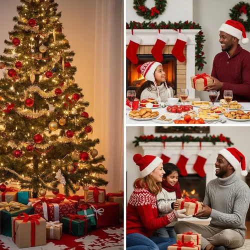 Festive Christmas Scene with Diverse Characters and Heartwarming Spirit
