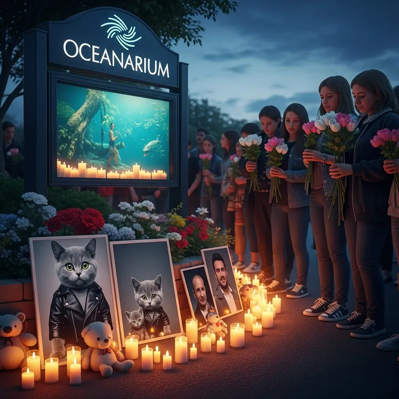 Realistic Memorial at Oceanarium with Grey Cat and Kitten