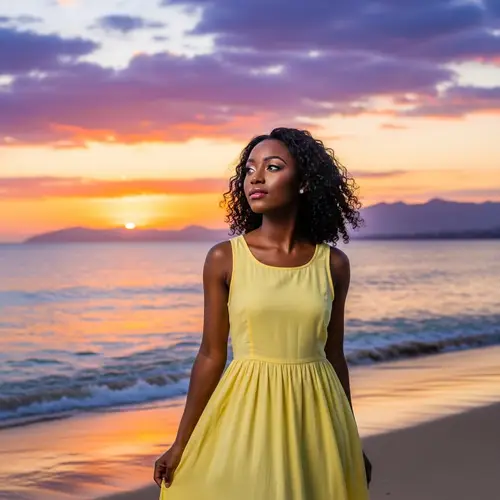 Beautiful Beach Landscape with Black Girl Gazing into Horizon
