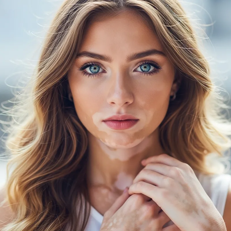 Captivating Image of a Girl with Vitiligo, Blue Eyes, and Blonde Hair