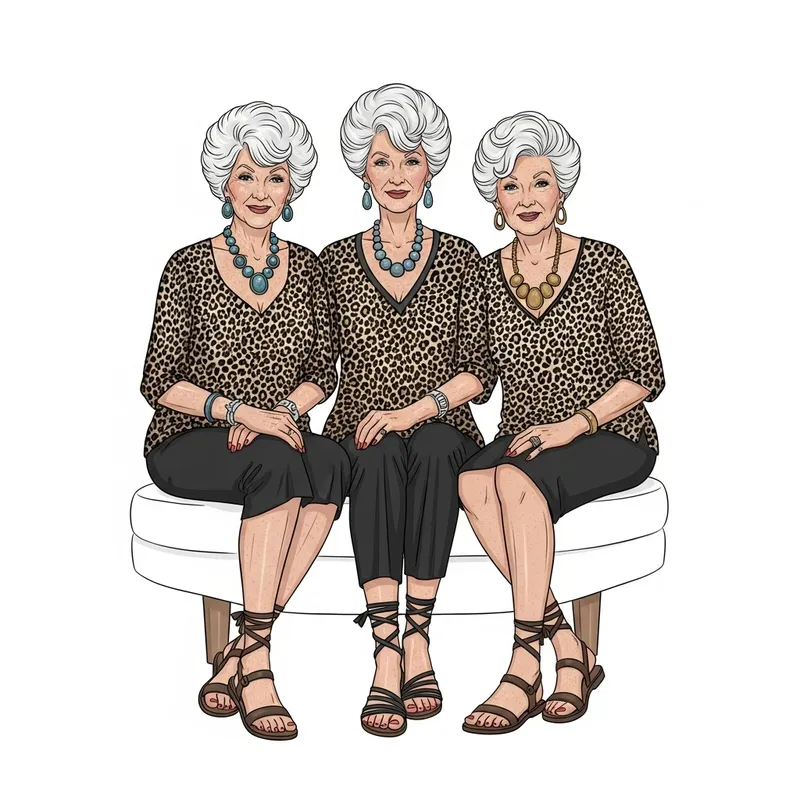 Chic Mature Women in Animal-Print Blouses, Sandals & Statement Necklaces Chic Mature Women in Animal-Print Blouses, Sandals & Statement Necklaces