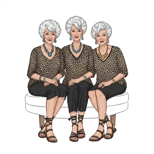 Stylish Mature Ladies in Animal-Print Blouses & Sandals