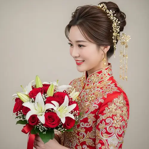 Exquisite Asian Bride in Red and Gold Wedding Dress