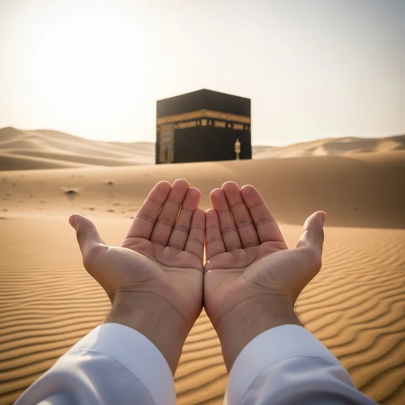 Open Hands in Desert Facing Kaaba: Pre-Islamic Scene