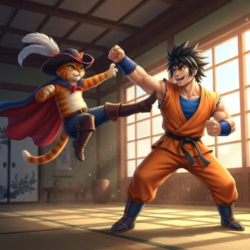 Anthropomorphic Cat vs. Fictional Character: Friendly Combat