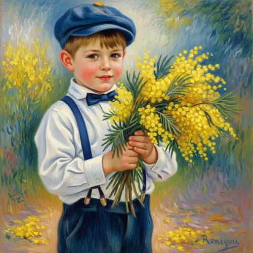 Young Boy with Mimosa Flowers - Impressionist Style Painting