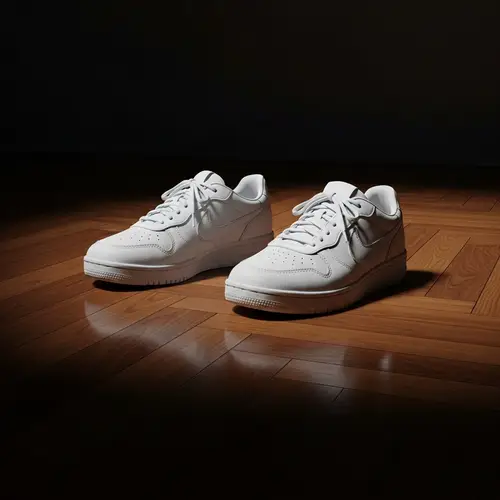 Elegant White Nike Air Force Sneakers on Glossy Parquet Floor