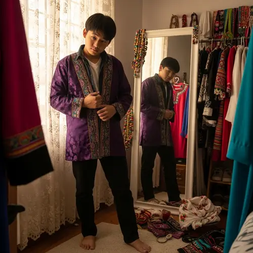 Adolescent Boy Trying Mother's Traditional Attire | Curiosity & Exploration