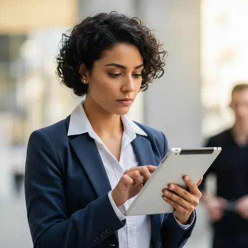 Intense Scene: Middle-Eastern Woman in Business Attire with Digital Tablet
