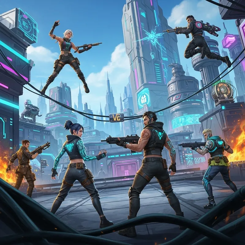 Futuristic Battle Royale Game: Cybernetic Landscape with Diverse Characters and Vibrant Designs