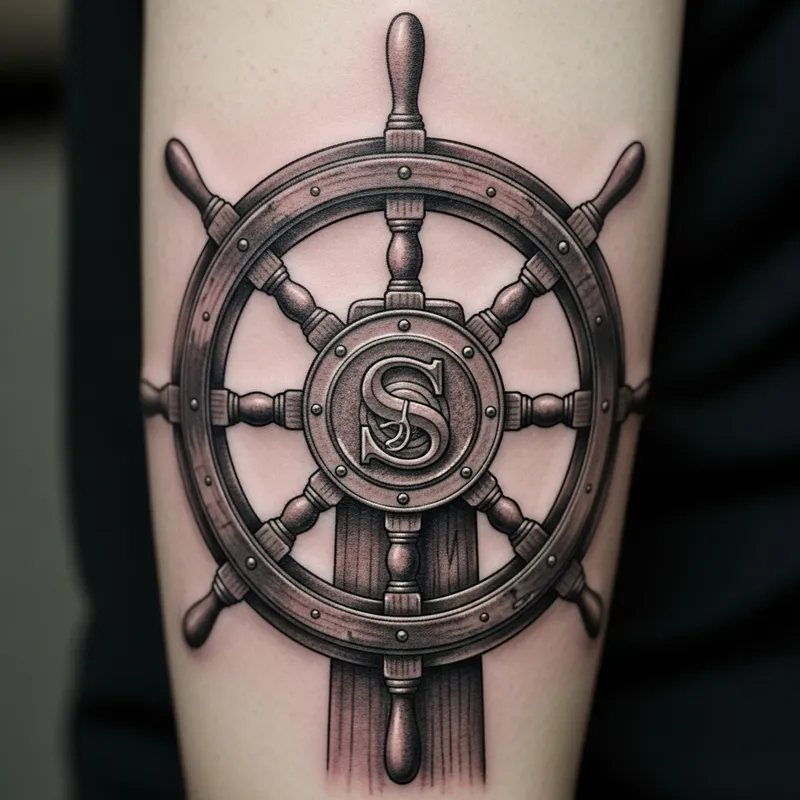 Ship Steering Wheel Tattoo with Letter S | Nautical Design Ship Steering Wheel Tattoo with Letter S | Nautical Design