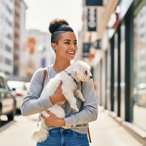 Hispanic Girl Walking Urban Streets with Stylish Bun and Dog
