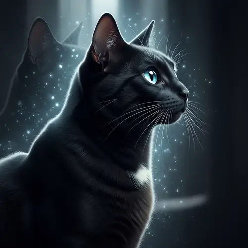 Black Cat with Blue Eyes and Ghosting Effect - Mystical Side View