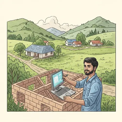 Programmer Man Building a House in a Serene Village Setting