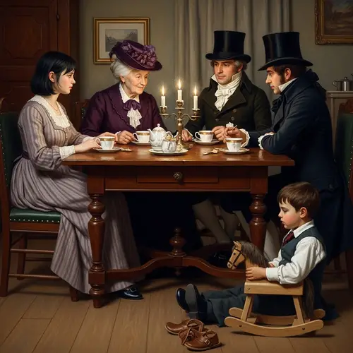 Antique Wooden Table with Elderly Woman, Men in Top Hats & Children - Impressionist Scene