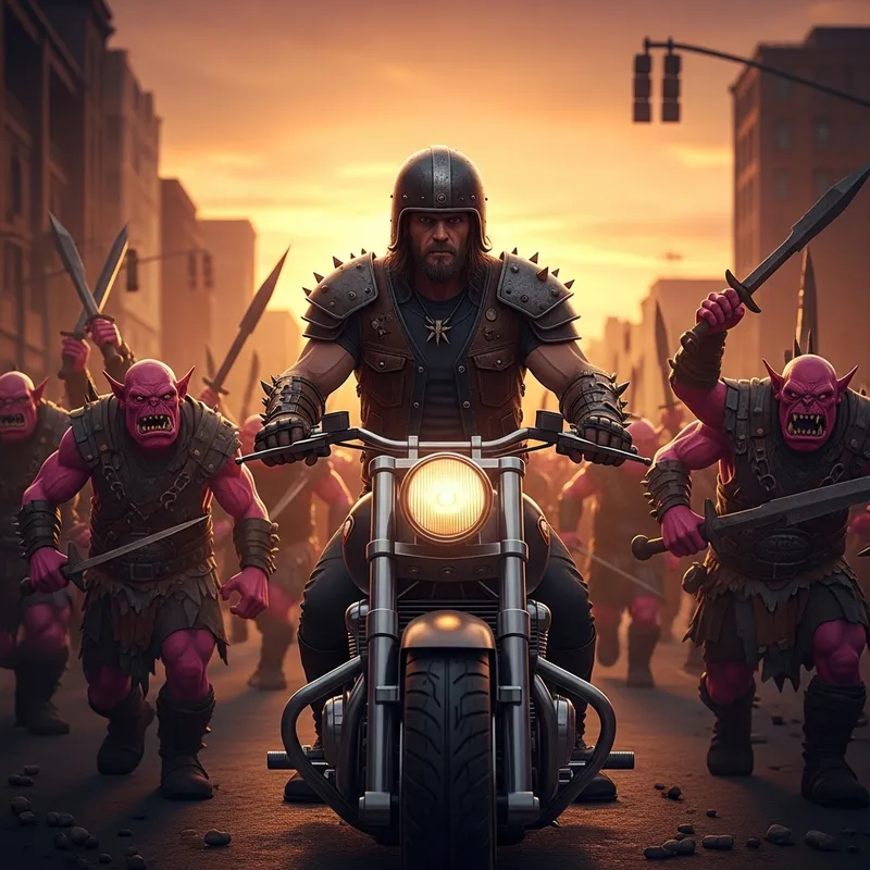 Biker Warrior Confronts Pink Orcs: Epic Sunset Battle