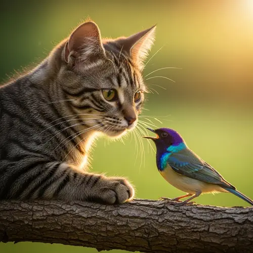 Tranquil Moment: Cat and Bird Finding Harmony in Nature