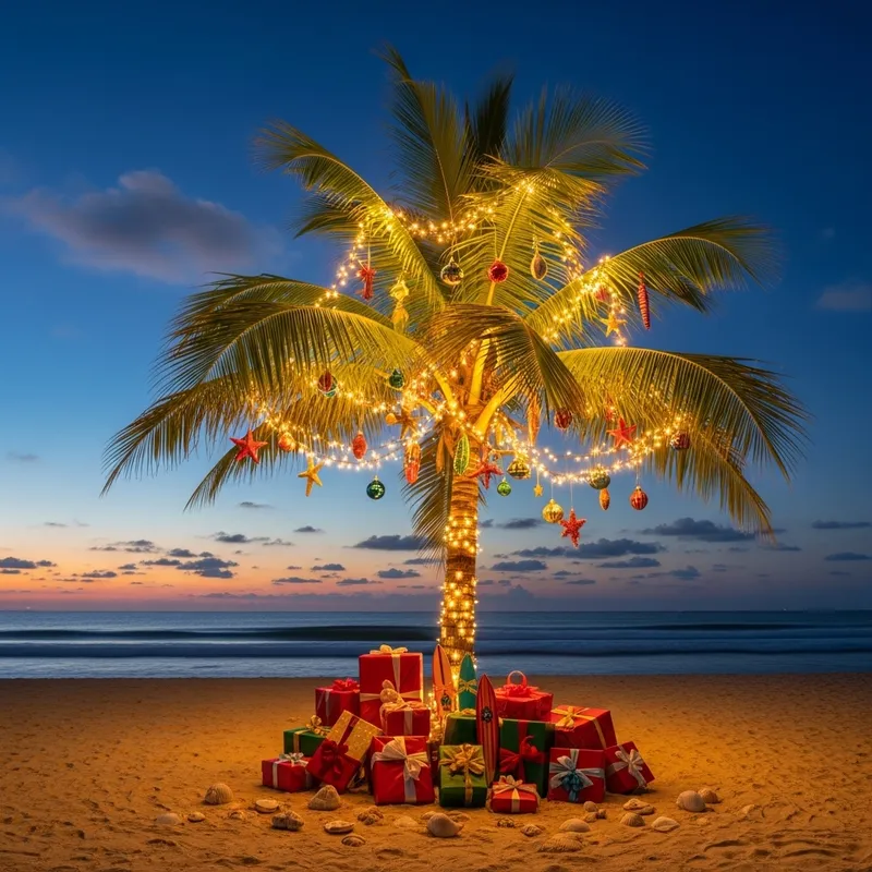 Coconut Tree Decorated with Twinkling Lights and Christmas Ornaments