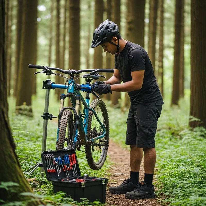 Mountain Bike Mechanic Fixing Bikes in Trails