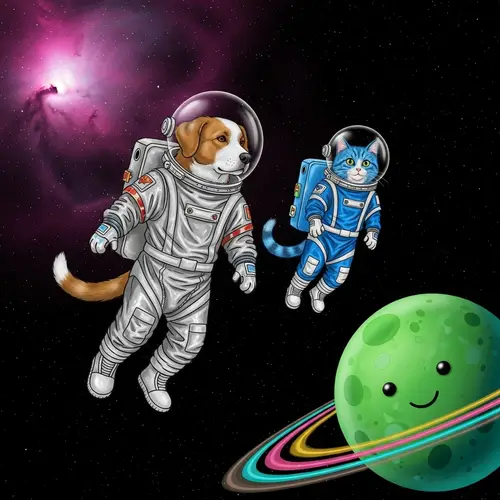 Cat and Dog in Space - Unique Stroll in the Universe
