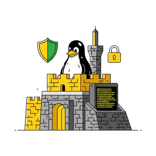Linux Security: Fortress of Tux Penguin and Terminal - Shield and Lock Symbols