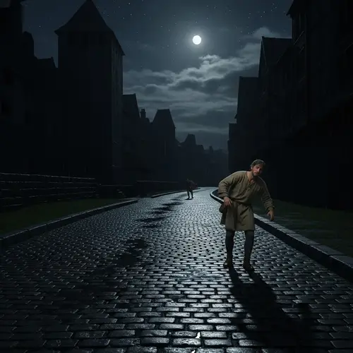 Historical Scene: Man Walking on Old Cobblestone Road