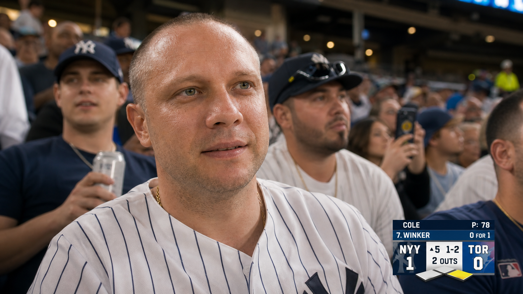 AI baseball fan cam stadium image at golden hour with live MLB-style scoreboard overlay