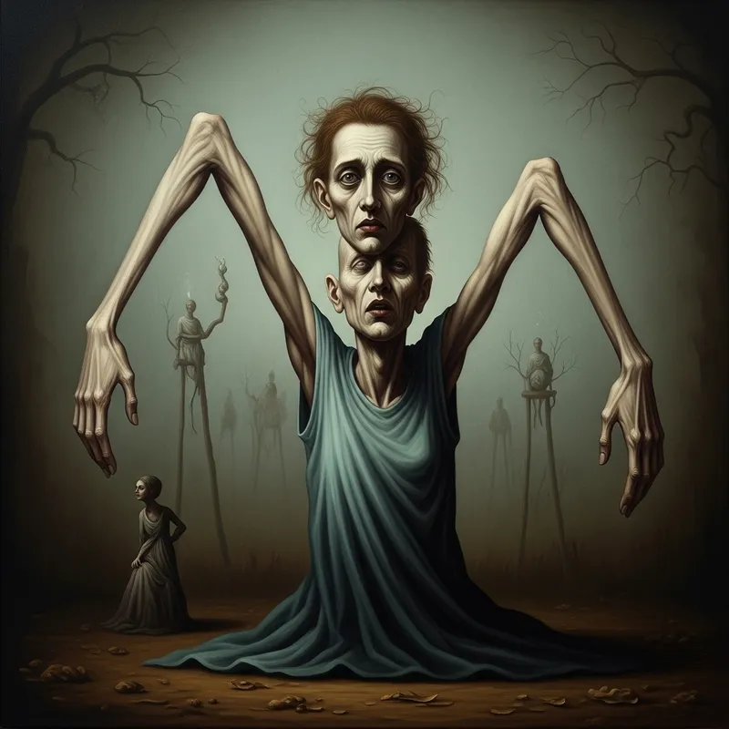 Eerie Dream-like Figure with Stretched Limbs in Gothic Style
