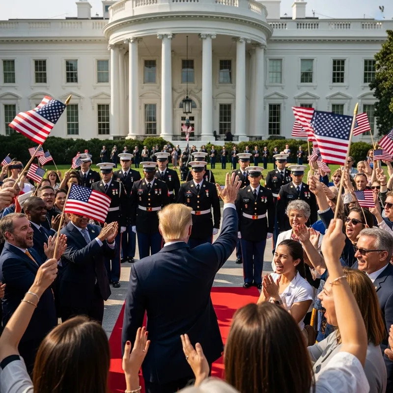 Person Welcomed by US Army at White House Surrounded by Flag-waving Crowd Celebrating