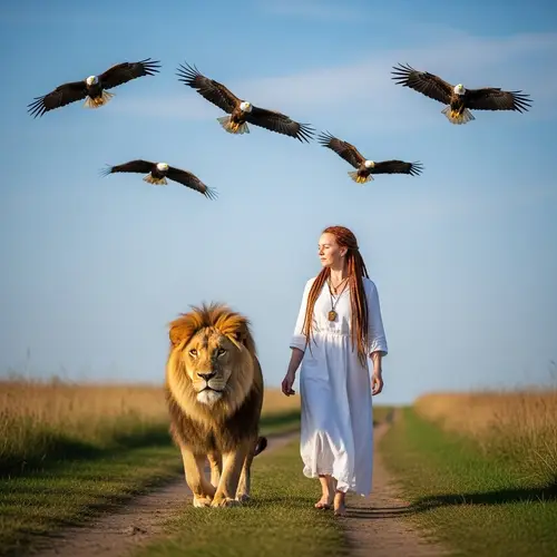 Woman Walking Beside Lion with Eagles Soaring | Harmony of Nature