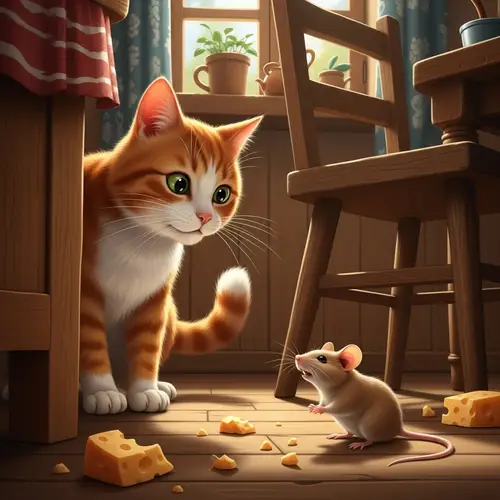 Adorable Cat and Brave Mouse Encounter in Rustic Kitchen