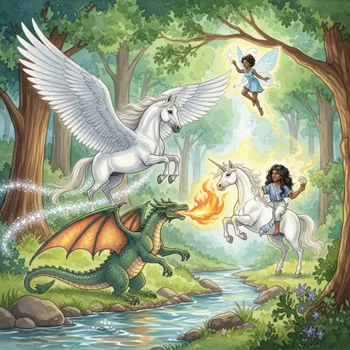 Fantasy Creatures Watercolor Art - Ethereal Forest Scene