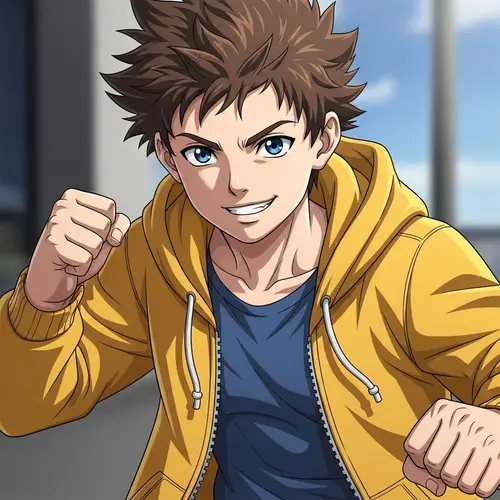 Teenage Boy with Spiky Brown Hair and Striking Blue Eyes | Positive Aura & Determination